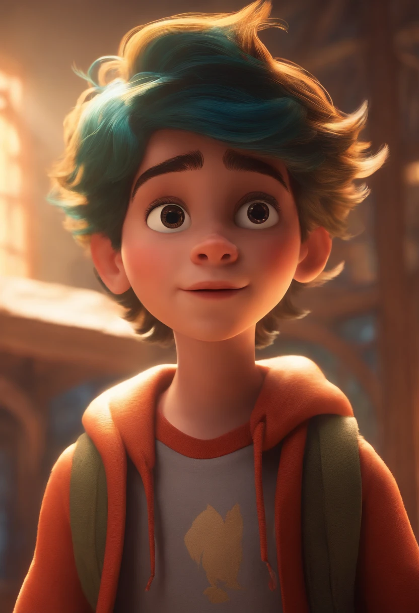 Image of a boy for a story in a YouTube video in Pixar format, He's the little allabester, He's the class leader, He's outgoing, Playful and gets up for a lot of things, cabelo curto