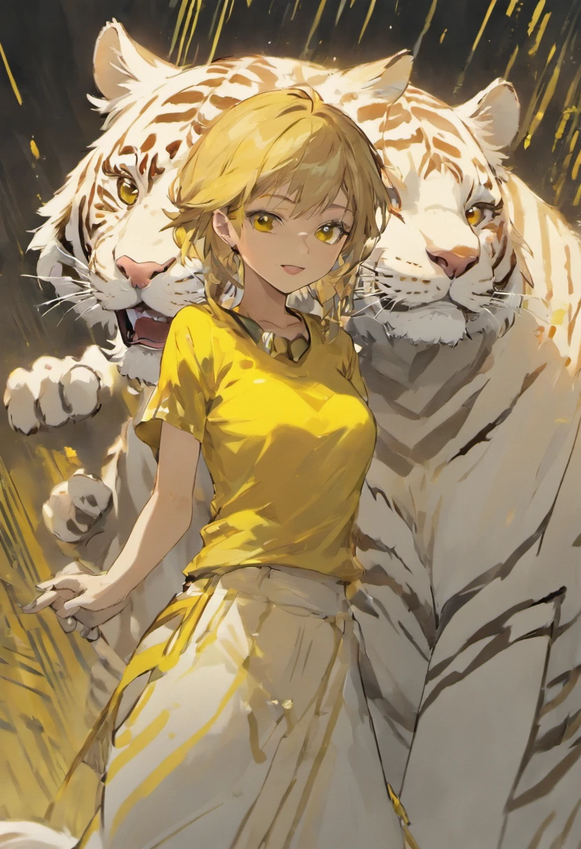 The characters for drawing are ((the white tiger)) , Using the ((Yellow shirt)), Smile and open your arms, For Cartoons