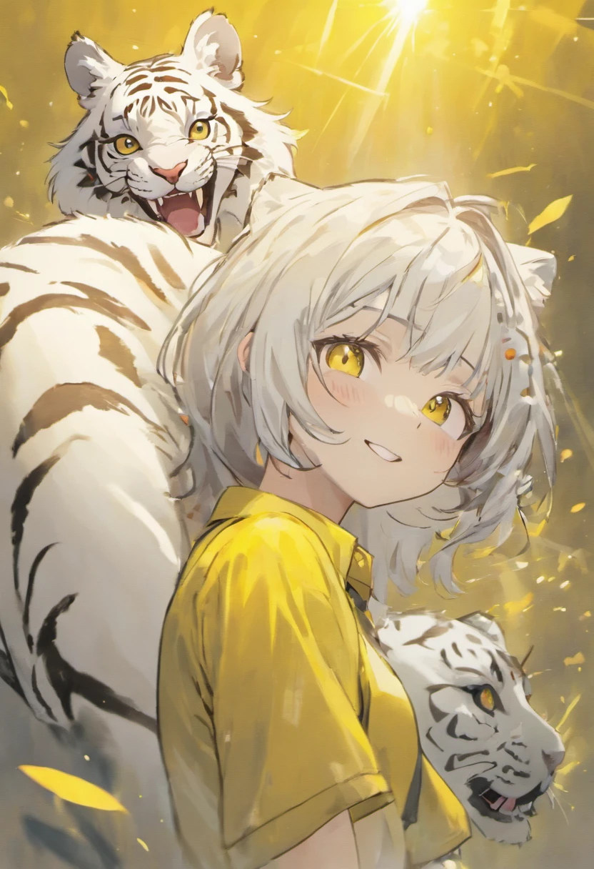The characters for drawing are ((the white tiger)) , Using the ((Yellow shirt)), Smile and open your arms, For Cartoons