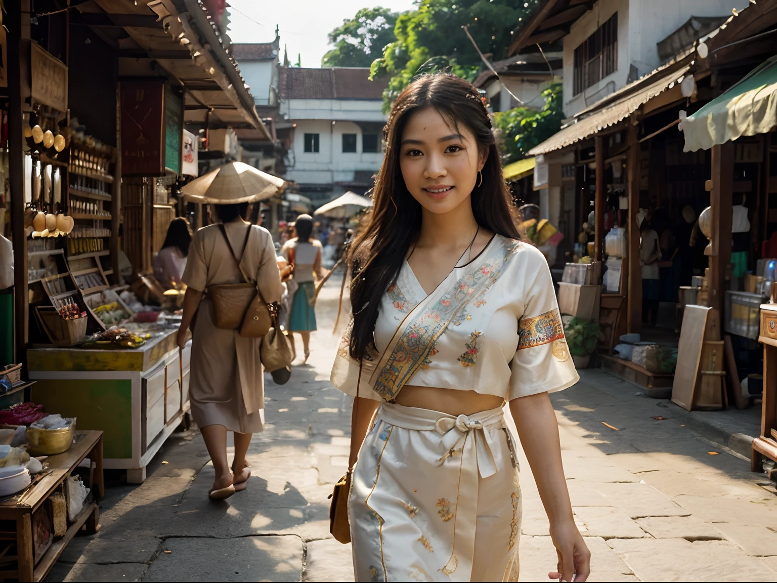 (best quality,ultra-detailed,realistic:1.37),portrait,painting,oil painting,Thai woman,walking in the market,in front of the grand Chai Mongkol temple, along the Chao Phraya River,long flowing hair,traditional Thai costume,captivating smile,colorful market stalls,bustling crowd,lush greenery,ornate temple architecture,sparkling river water,sunlight illuminating the scene,captivating color palette,soft natural lighting,cultural atmosphere,lively atmosphere,serene and joyful expression,traditional Thai accessories,delicate hand-painted details,vibrant and lively scene,meticulously captured textures,meticulously painted details,impeccable composition,depth and perspective,straightforward composition,rich and vibrant colors,authentic portrayal of Thai culture