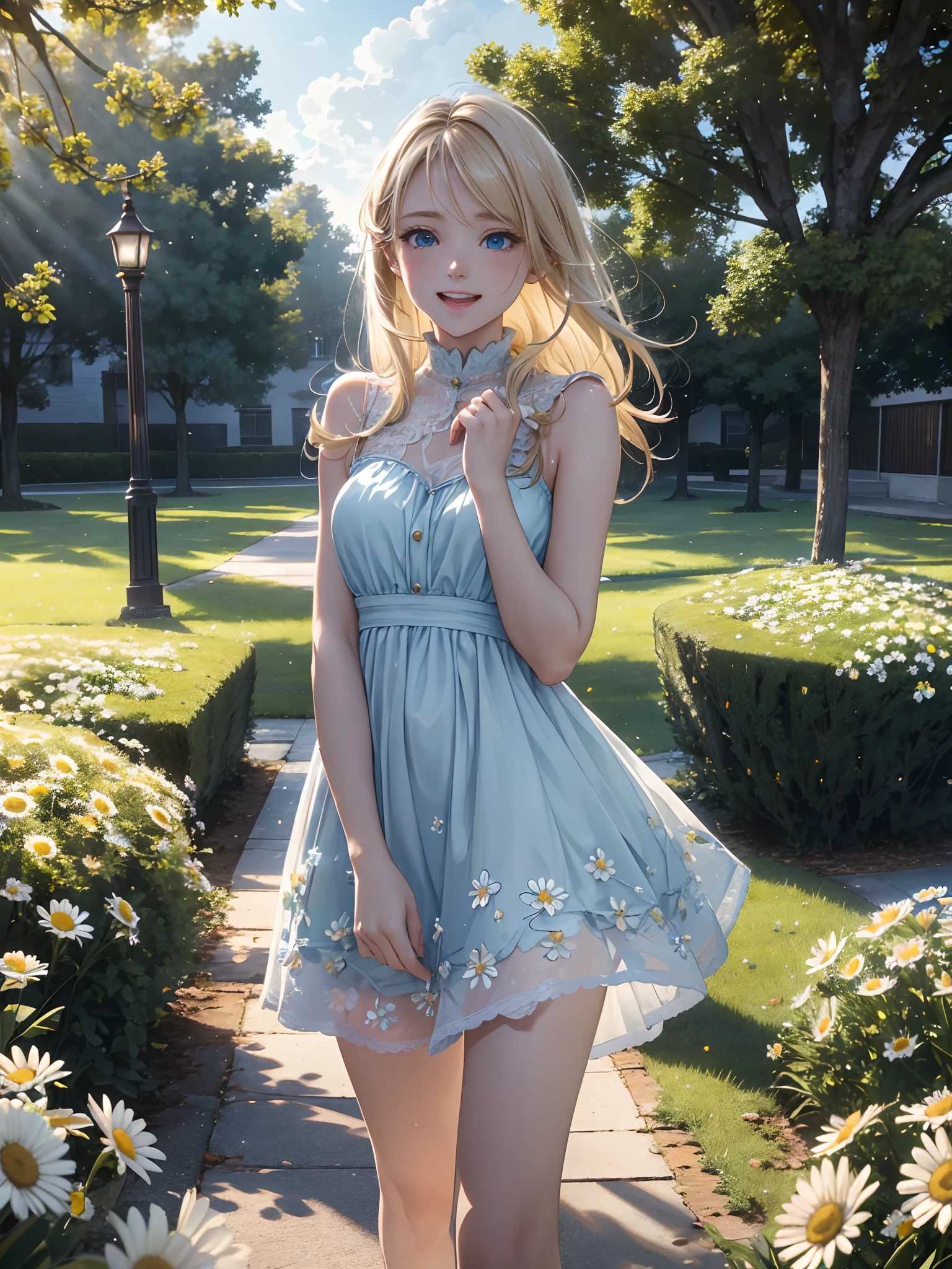 Highest quality 8K resolution,Realistic, Vibrant colors, Soft tones, With warm and gentle lighting,(Smooth straight blonde hair:1.2),(Hair parted in the middle:1.2),(Glowing hair),(Deep Blue Eyes:1.3),(laugh:1.3),Girl walking in town, (Nostalgic atmosphere),The town is surrounded by mysterious boundaries,Cool morning clouds are calm and peaceful,She walks in a field of daisies, The tree々Gentle sunlight illuminates the space,Like multicolored glass,Garden Girl,gentle sunlight,Soft breeze,Delicate flowers,Butterflies flutter by,Mesmerizing natural beauty,Fragments of Shining Stars,Autumn breeze carrying farewell,