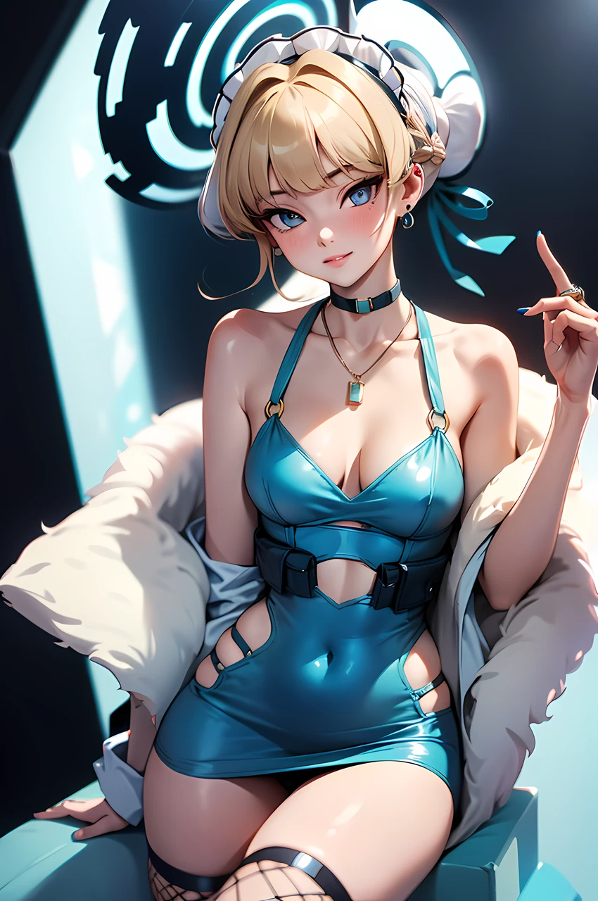 toki asuma, halo, short hair, hair bun, maid headdress, 1girl, solo, (microdress), (golden), (bodycon), fur, cleavage, navel, jentle smile, (face focus), (o-ring:1.2), jewelry, necklace, waist cutout, belt, fishnet thighhighs, highheels, looking at viewer BREAK masterpiece, best quality, glowing skin, mature figure, voluptuous body, shiny skin, mature women, (small breasts), from the front, (chromatic aberration, intricate details), dynamic angle, 40K, HDR, highres,