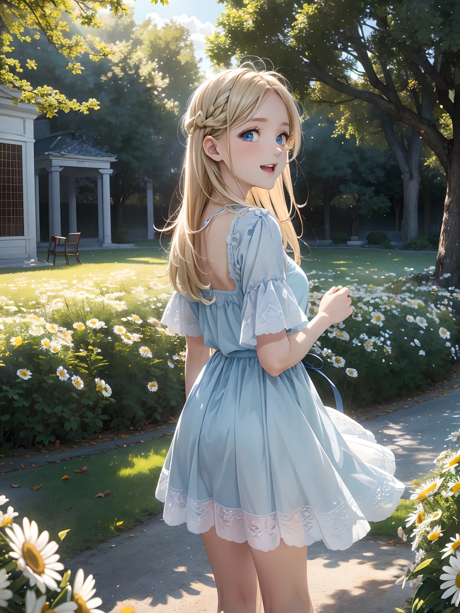 Highest quality 8K resolution,Realistic, Vibrant colors, Soft tones, With warm and gentle lighting,(Smooth straight blonde hair:1.2),(Hair parted in the middle:1.2),(Glowing hair),(Deep Blue Eyes:1.3),(laugh:1.3),Girl walking in town, (Nostalgic atmosphere),The town is surrounded by mysterious boundaries,Cool morning clouds are calm and peaceful,She walks in a field of daisies, The tree々Gentle sunlight illuminates the space,Like multicolored glass,Garden Girl,gentle sunlight,Soft breeze,Delicate flowers,Butterflies flutter by,Mesmerizing natural beauty,Fragments of Shining Stars,Autumn breeze carrying farewell,