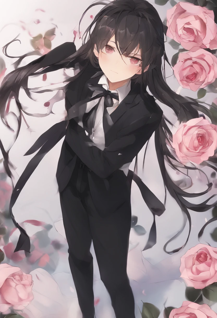 homem masculino [homem homem][Long messy black hair with ponytail style] [rosto delicado com olhos vermelhos com grandes olheiras sob os olhos] [Slim body with a little muscle definition with white skin] [Clothing wearing a suit with a long white button-down blouse with a black jumpsuit over the black blouse and black fabric pants with black shoes] [Hunting rifle hanging from the back] [heart-shaped silver necklace on neck] [fundo sombrio com detalhes] [Dark Scene Aesthetics] [Details with a pink rose in the background as if it were a smoke]