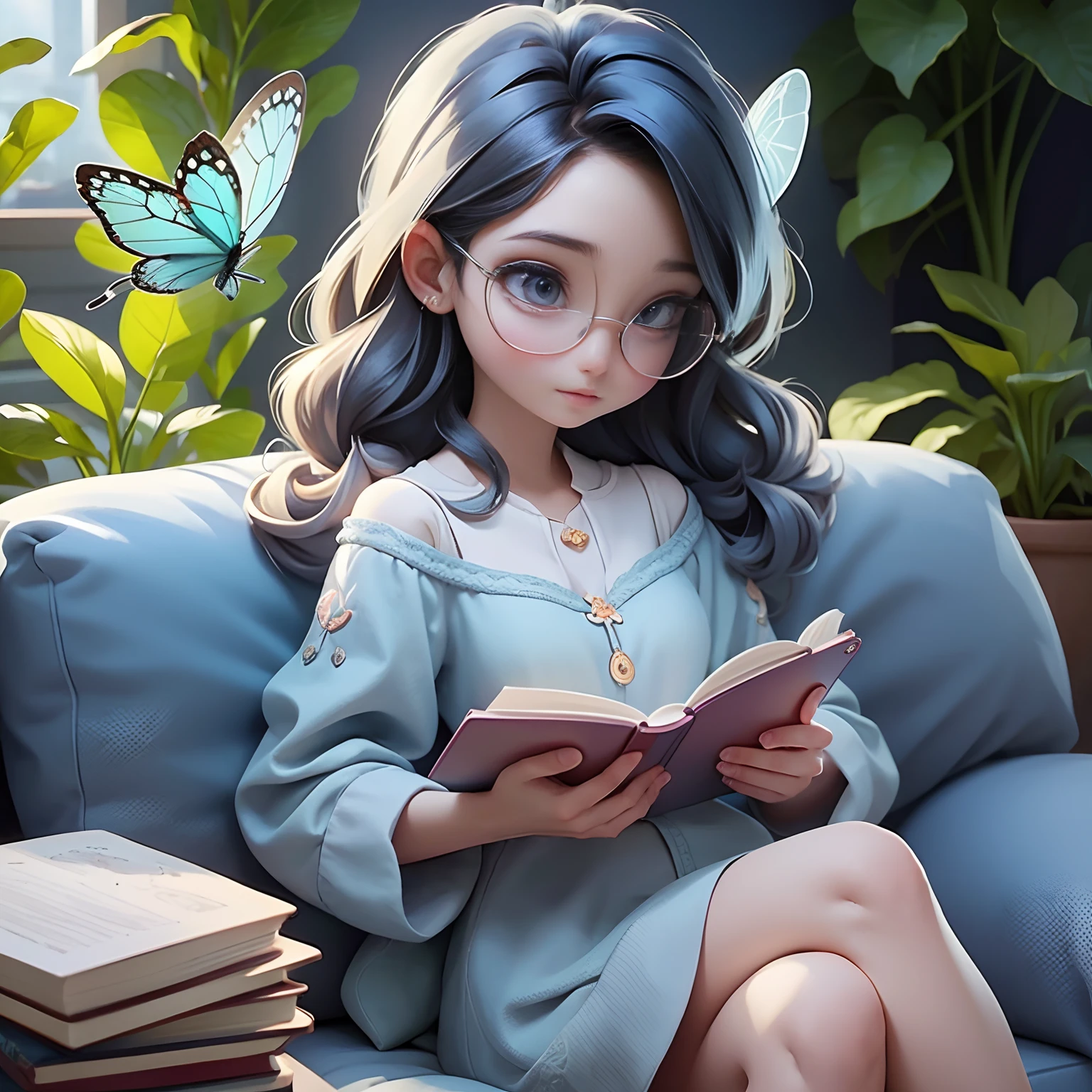 Woman sitting on sofa reading book, A small blue butterfly、Fly over the book as if it came out of the book, Adorable Digital Paint, beautiful digital art, Realistic drawing of cute girl, Beautiful detailed digital art, beautiful character painting, reading new book, in style of disney animation, beautiful digital art, very magical and dreamy, beautiful digital illustrations, story book, beautiful adult book fairy, digital cartoon painting art、I'm wearing glasses、shorth hair