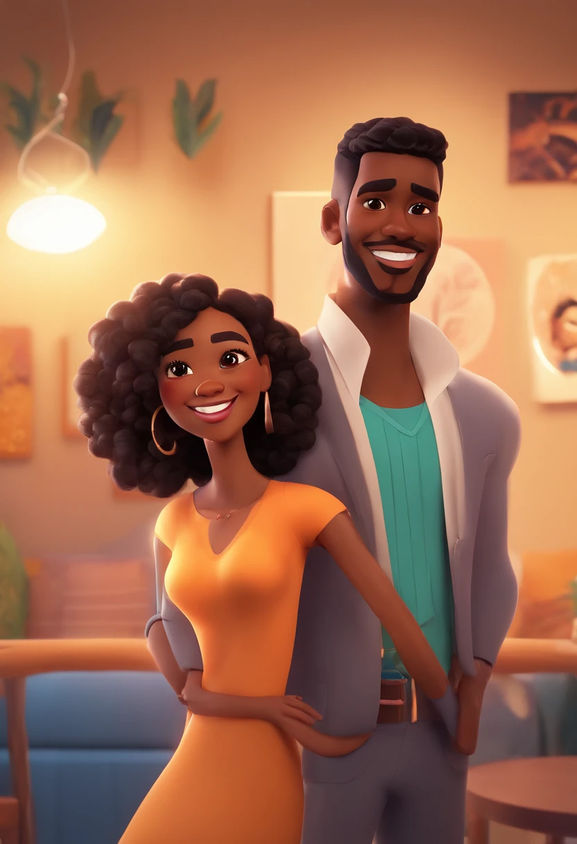 An illustration of an adorable couple, Highlighting a black man and a black woman with beautiful expressive eyes – the man's skin is light brown and the man's hair is short and black, while the woman's skin is brown and the woman's hair is curly and dark brown. They are a bright room, cada um com um sorriso no rosto, e compartilhar um momento especial caracterizado pelo amor, Insights. Illustrate this scene from a perspective where they are facing the camera, Smiling and Showing Your Connection. Desenvolva esta arte em Full HD, Focus on your cinematic touch, Estilo Disney Pixar Animations