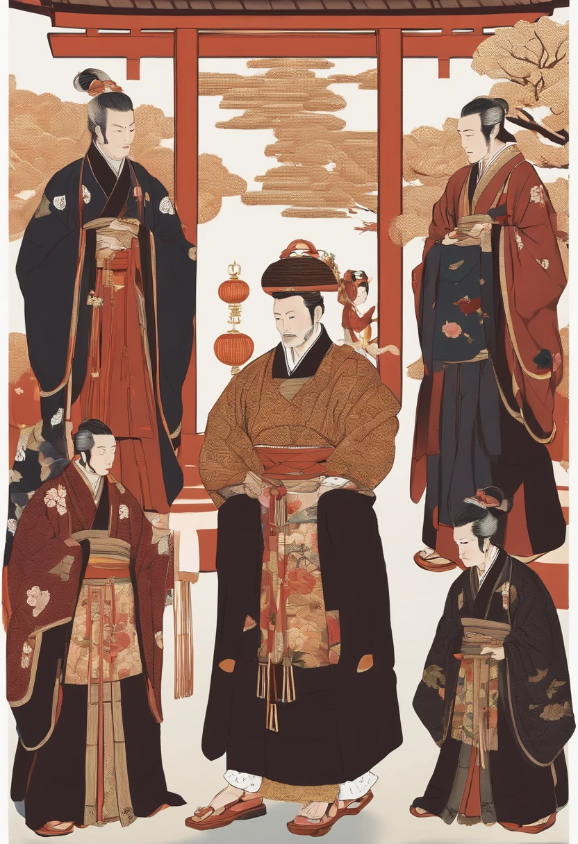 Na era Edo、Satsuma Domain、Male Japan Anjiro is the lord of the Satsuma Domain、Christian missionary in Takahisa Shimazu、Francis Xavier's Presentation Scene。The three characters above。Anjiro is frugally dressed、Takahisa Shimazu usa um hakama de crista e barba.、Francis Xavier is a Spaniard in his 50s who wears priestly vestments。