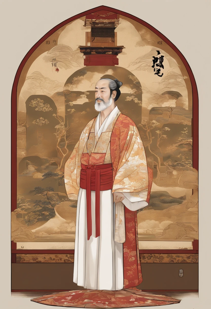 Na era Edo、Satsuma Domain、Male Japan Anjiro is the lord of the Satsuma Domain、Christian missionary in Takahisa Shimazu、Francis Xavier's Presentation Scene。The three characters above。Anjiro is frugally dressed、Takahisa Shimazu usa um hakama de crista e barba.、Francis Xavier is a Spaniard in his 50s who wears priestly vestments。