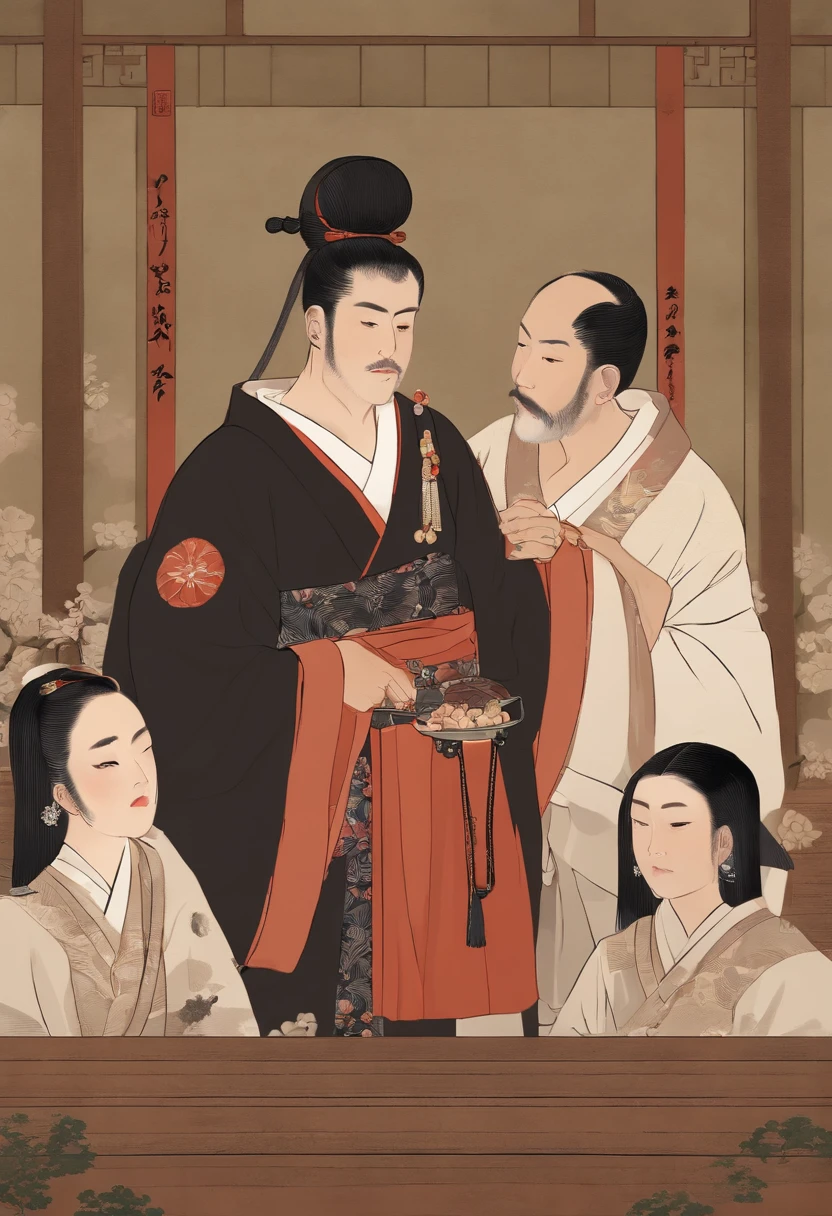 Na era Edo、Satsuma Domain、Male Japan Anjiro is the lord of the Satsuma Domain、Christian missionary in Takahisa Shimazu、Francis Xavier's Presentation Scene。The three characters above。Anjiro is frugally dressed、Takahisa Shimazu usa um hakama de crista e barba.、Francis Xavier is a Spaniard in his 50s who wears priestly vestments。