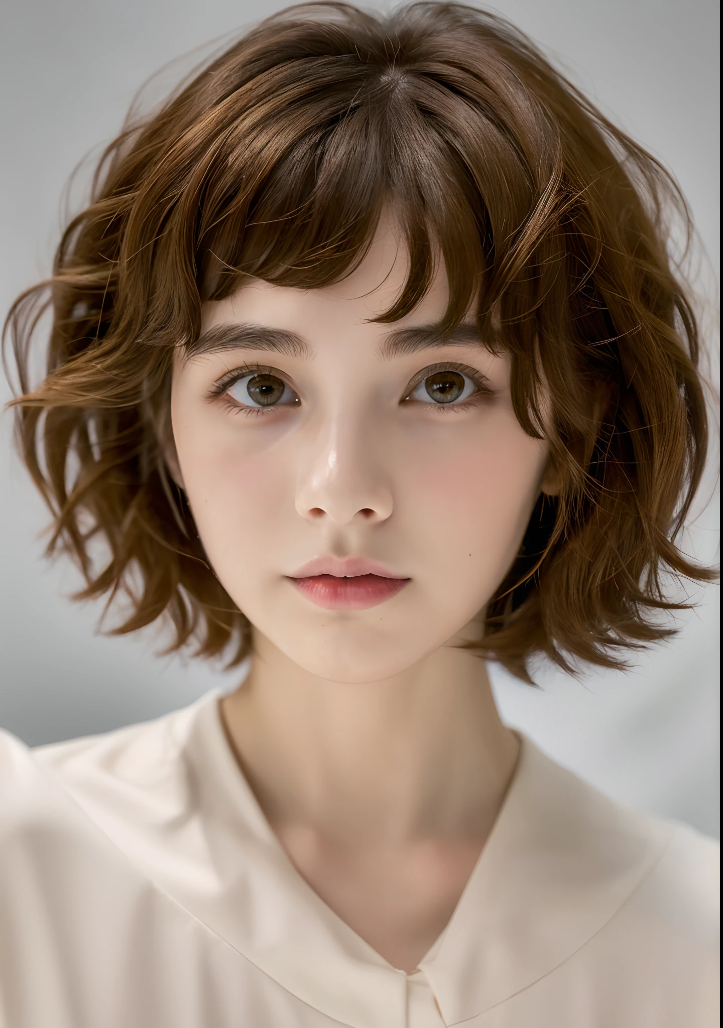 girl with,kawaii,slenderbody,An ultra-high picture quality,Short Bob Hair Wolf Cut,Brown hair,Ultra-delicate images,8k,Masterpiece,dishevled hair,Beautiful face,