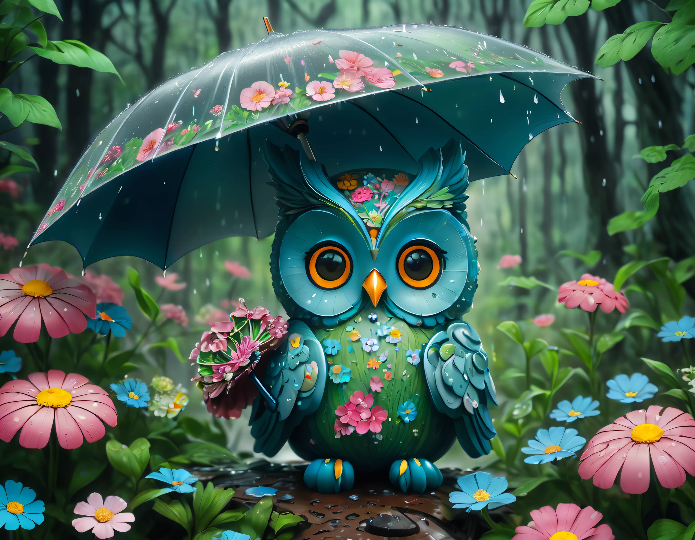 （Draw a colorful owl with an umbrella with flowers）, （Transparent umbrella）， Background with：In the rainy forest， Cute detailed digital art, lovely digital painting, adorable digital art, Beeple and Jeremiah Ketner, cute owl, cute detailed artwork, cute 3 d render, digital painting highly detailed, cute colorful adorable, highly detailed digital artwork, highly detailed and colored, digital art highly detailed, cute artwork