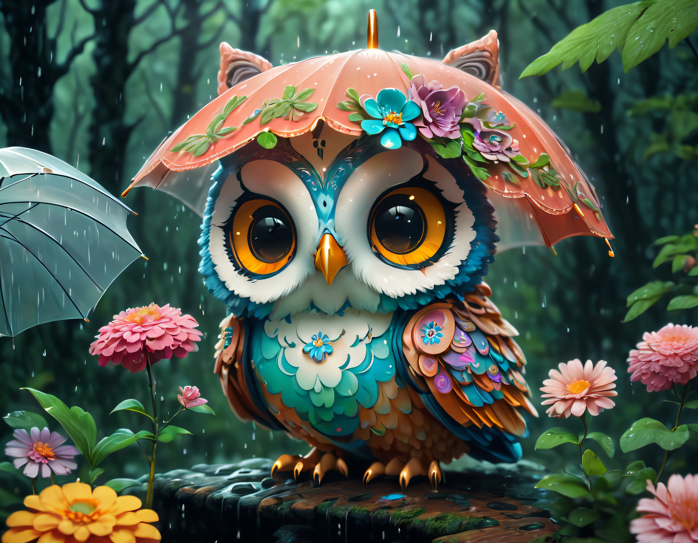(Draw a colorful owl with an umbrella with flowers), (Transparent umbrella), Background with:In the rainy forest, Cute detailed digital art, lovely digital painting, adorable digital art, Beeple and Jeremiah Ketner, cute owl, cute detailed artwork, cute 3 d render, digital painting highly detailed, cute colorful adorable, highly detailed digital artwork, highly detailed and colored, digital art highly detailed, cute artwork