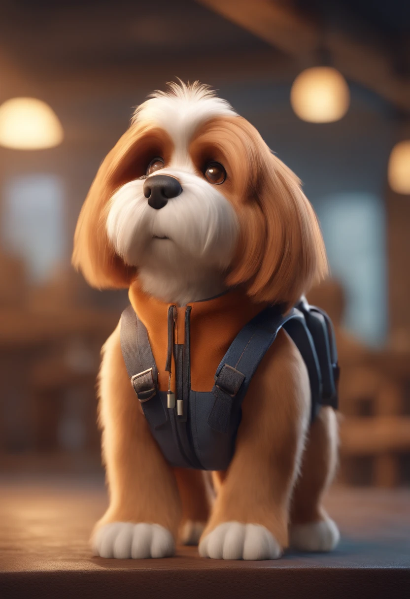 White and brown Lhasa Apso dog with backpack on its back, animation character, Caractere estilizado, animation style rendering, 3D estilizado, Arnold Maya render, 3 d render stylized, toon render keyshot, Personagem 3D, Personagem 3D, 3d rendering stylized, 3 d character render, personagem de desenho animado, Personagem de close up, Pose de personagem, (Estilo Pixar) (master part:1.2) (Bokeh) (best quality) (pele detalhada) (textura detalhada) (8k) (argila) (Cinematic lighting) (foco nítido