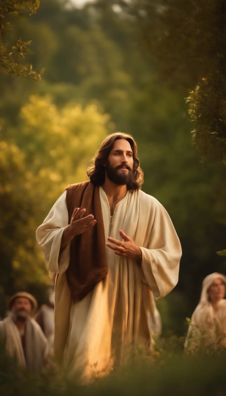 Jesus Christ in the Sermon on the Mount, (best quality, 8k, highres, masterpiece:1.2), ultra-detailed, realistic:1.37, biblical scene, oil painting, serene atmosphere, golden sunset, grandeur and divinity, graceful and gentle, multiple people listening intently, Jesus at the center, iconic long hair and beard, compassionate eyes, soothing voice, radiant light shining from him, warm and vibrant colors, flowing robes, humble and welcoming, lush green hillside, blooming flowers, delicate details in nature, birds singing in the background, peaceful and harmonious ambiance, subtle brushstrokes, spiritual enlightenment, divine presence.