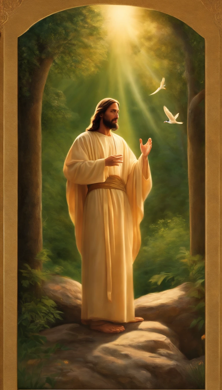 Jesus Christ in the Sermon on the Mount, (best quality, 8k, highres, masterpiece:1.2), ultra-detailed, realistic:1.37, biblical scene, oil painting, serene atmosphere, golden sunset, grandeur and divinity, graceful and gentle, multiple people listening intently, Jesus at the center, iconic long hair and beard, compassionate eyes, soothing voice, radiant light shining from him, warm and vibrant colors, flowing robes, humble and welcoming, lush green hillside, blooming flowers, delicate details in nature, birds singing in the background, peaceful and harmonious ambiance, subtle brushstrokes, spiritual enlightenment, divine presence.