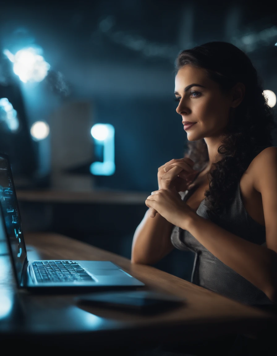 woman sitting at a table with a laptop and a book, sitting in front of a computer, in front of a computer, sitting in front of a computer, computers and holograms, creative coder with a computer, digital artist, hd image, cyber school girl, computer aesthetics, cool marketing photo