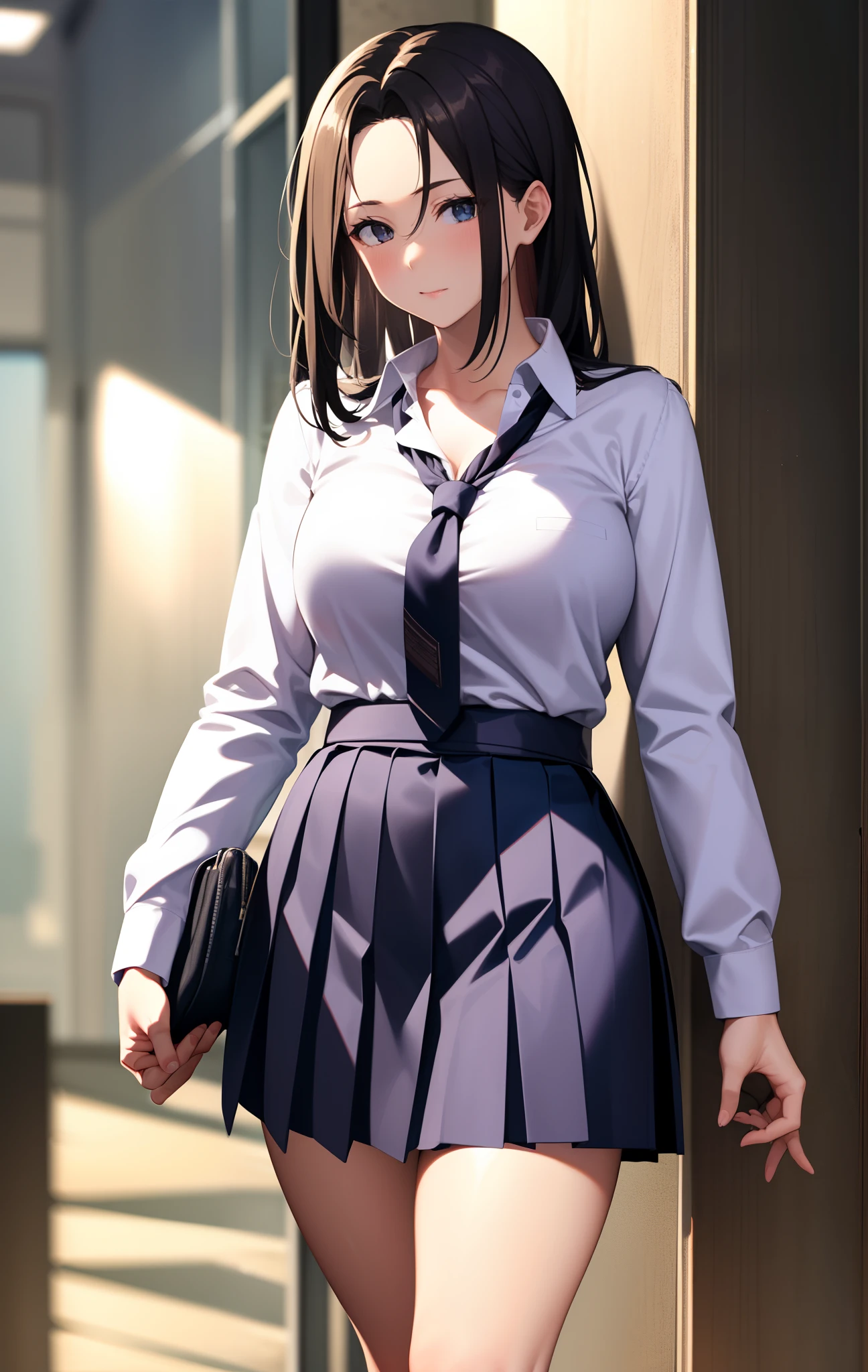 black hair, (brown eyes:1.5),  (shot hair:1.6), (turning around:1.6), 
BREAK blazer, blue skirt, jacket, otonokizaka , pleated skirt, , winter uniform, (short skirt:1.6), (micro skirt:1.6), (big breasts:1.6), (slender:1.4), (thong:1.6), 
BREAK looking at viewer,
BREAK indoors, classroom, 
BREAK (masterpiece:1.2), best quality, high resolution, unity 8k wallpaper, (illustration:0.8), (beautiful detailed eyes:1.6), extremely detailed face, perfect lighting, extremely detailed CG, (perfect hands, perfect anatomy),