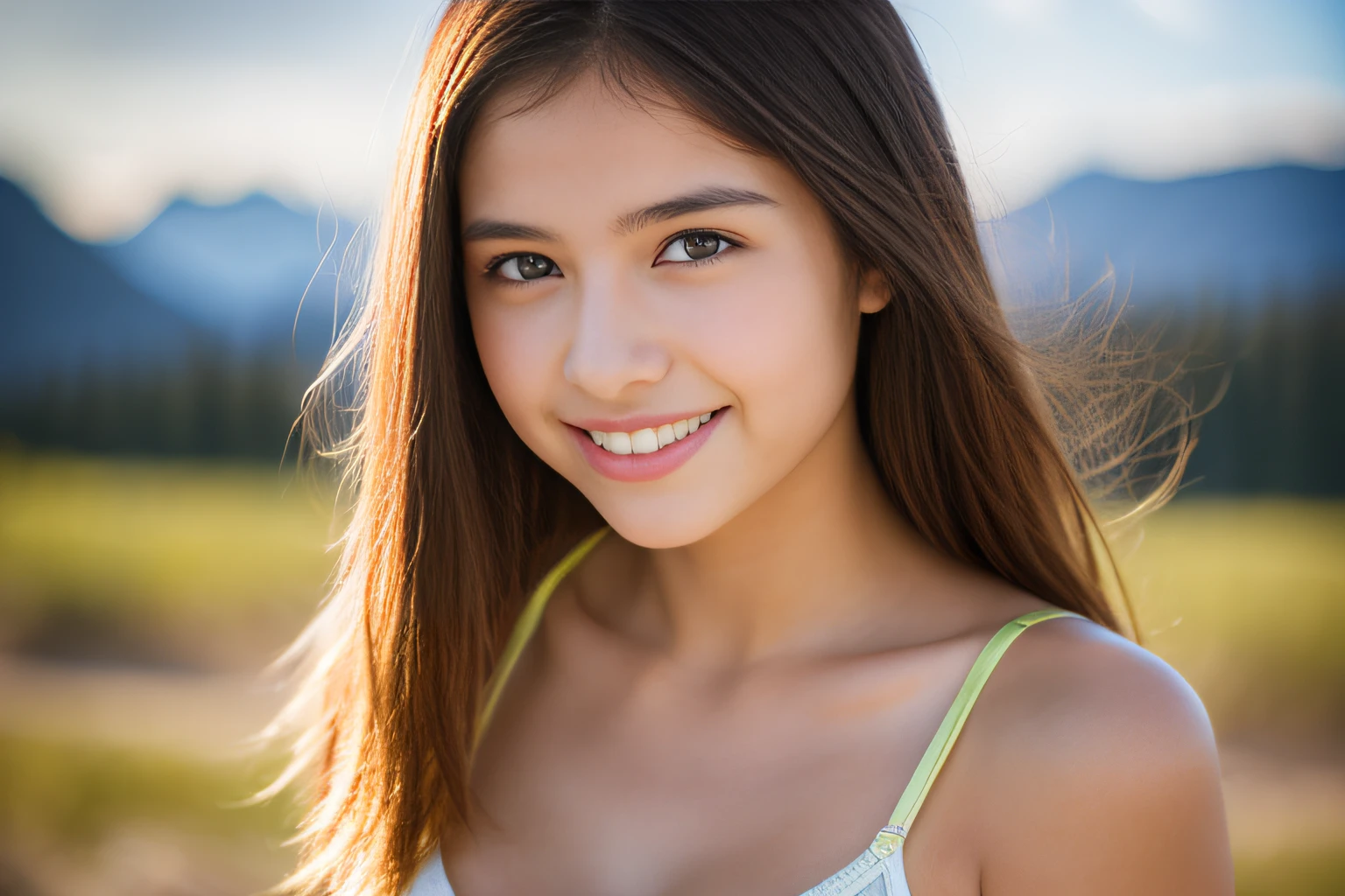 SeaArt , 1cute girl, portrait, bokeh, ( masterpiece), accurate, anatomically correct, f/1.8, 90mm, Fujifilm GFX 50R, raw photo, regina display, super detail, high details, high quality, best quality, highres, UHD, 1080p HD, 4K, 8K, (((******* old 1girl))), Realism, ((Face and body the full front)), (standing), ((small breasts)), (gold sport_bra), medium Hair, beautiful white skin, young features, beautiful pussy, soothing tones, high contrast, natural skin texture, of Sweden, Northern Lights Sky, shy smile,