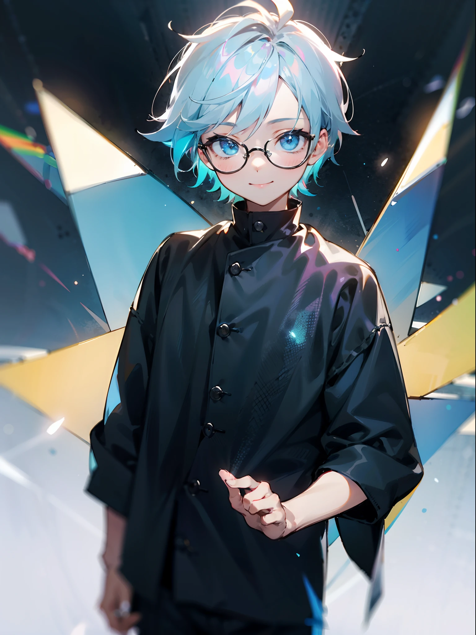 Male child, Black glasses,blue eyess,Cowboy Shots,A smile, silber hair，Daytime，Iridescent background，