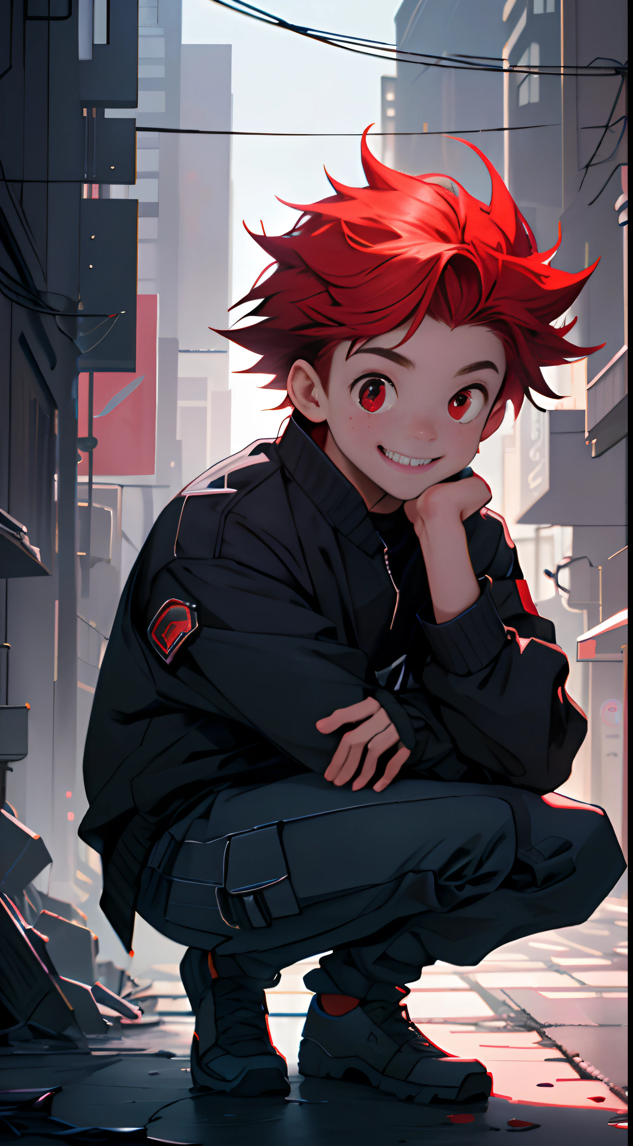 Faraway view，Panorama composition, Best quality,Condescending，Skinny boy at the top of the sky, 1人, Big head，Oversized head，Weird little kids, Slender oriental boy,Big head，big headed，Oversized head，Big head, small body，smiling at her lips, Extremely detailed face, Watermelon head short hair,Full body photo，small stature，Big head，Cute inch，extra very short hair，looking to the camera，((Red eyes)), ((kurzes dunkles Haar)), [Freckles are funny and ugly], Future technology scenarios，White sunshine atmosphere, In a cyberpunk setting, ((Dark red casual workwear)),Sexy figure，The facial features are special，Delicate and tall，squatt，Squats，Cute and cute squatting，Cinematic lighting，sense of science and technology，火焰，Mechanical World，Faraway view，Depth of field，in the crowd，White dawn，Behind the cyberpunk tech feel，Atmospheric spectacle，Lively scene，Downtown，The whole body of the character，Perfectcomposition，Asymmetrical composition，The lens zooms out