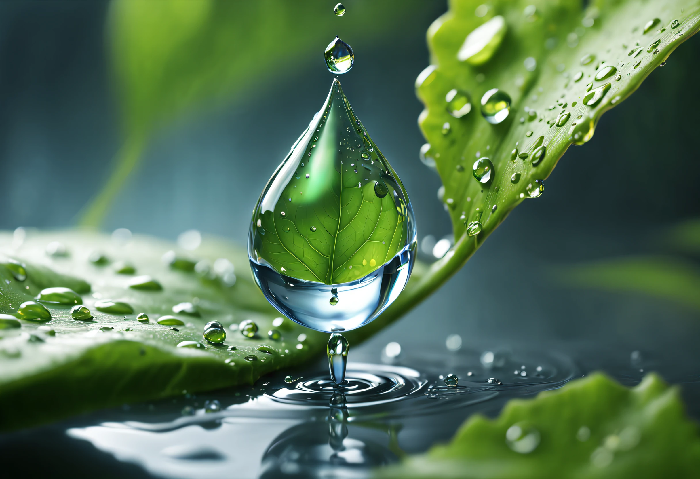 (best quality,4k,8k,highres,masterpiece:1.2),ultra-detailed,(realistic,photorealistic,photo-realistic:1.37),A close-up of a drop of water sliding down a leaf, transparent photography, bright, sparkling, splendid, colorful, magical, spectacular lighting, photo realism, ultra detailed, 4k, depth of field, high resolution