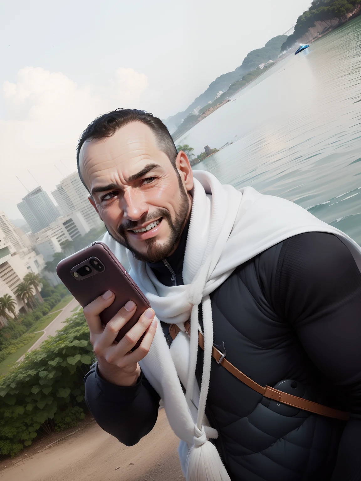 Desenho estilo pixar, um homem segurando o celular, sentado proximo ao rio, com agasalho nas costas e sorrindo.