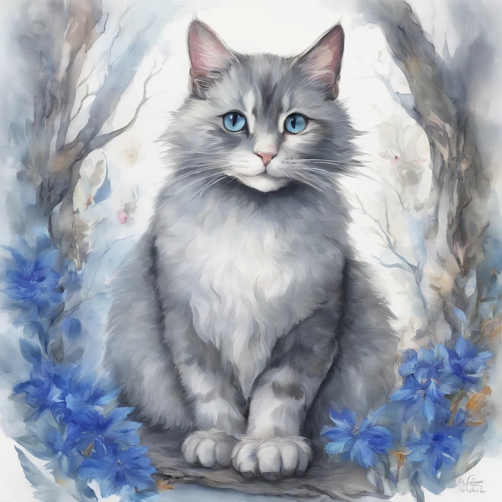 A cat with gray fur and blue-gray eyes is surprised　The overall color of the painting is warm and the depiction is in the style of a pale watercolor painting Dayan.