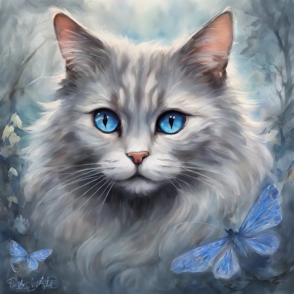 A cat with gray fur and blue-gray eyes is surprised The overall color of the painting is warm and the depiction is in the style of a pale watercolor painting Dayan.