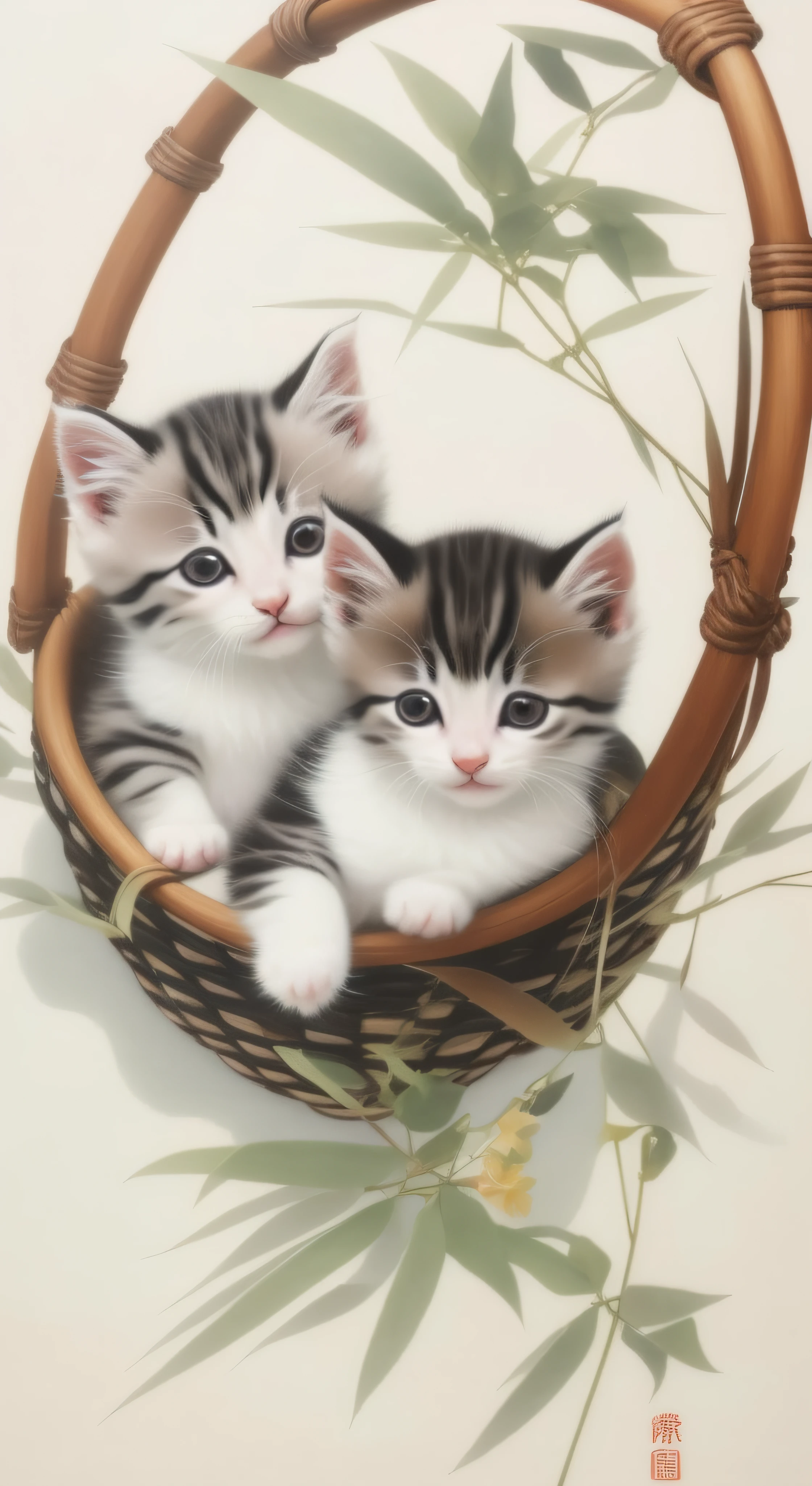 There are two kittens sitting in a basket with bamboo, Cute cats, Cute kittens, Two kittens sleeping in baskets, Two cats, author:Julian, cute cute, Kittens, author:Fu Miao, author:Gao Fenghan, illustration of 2 cats, Beautiful and cute, an oil painting of a kitten, in a painting of a cat, Cute and lovely