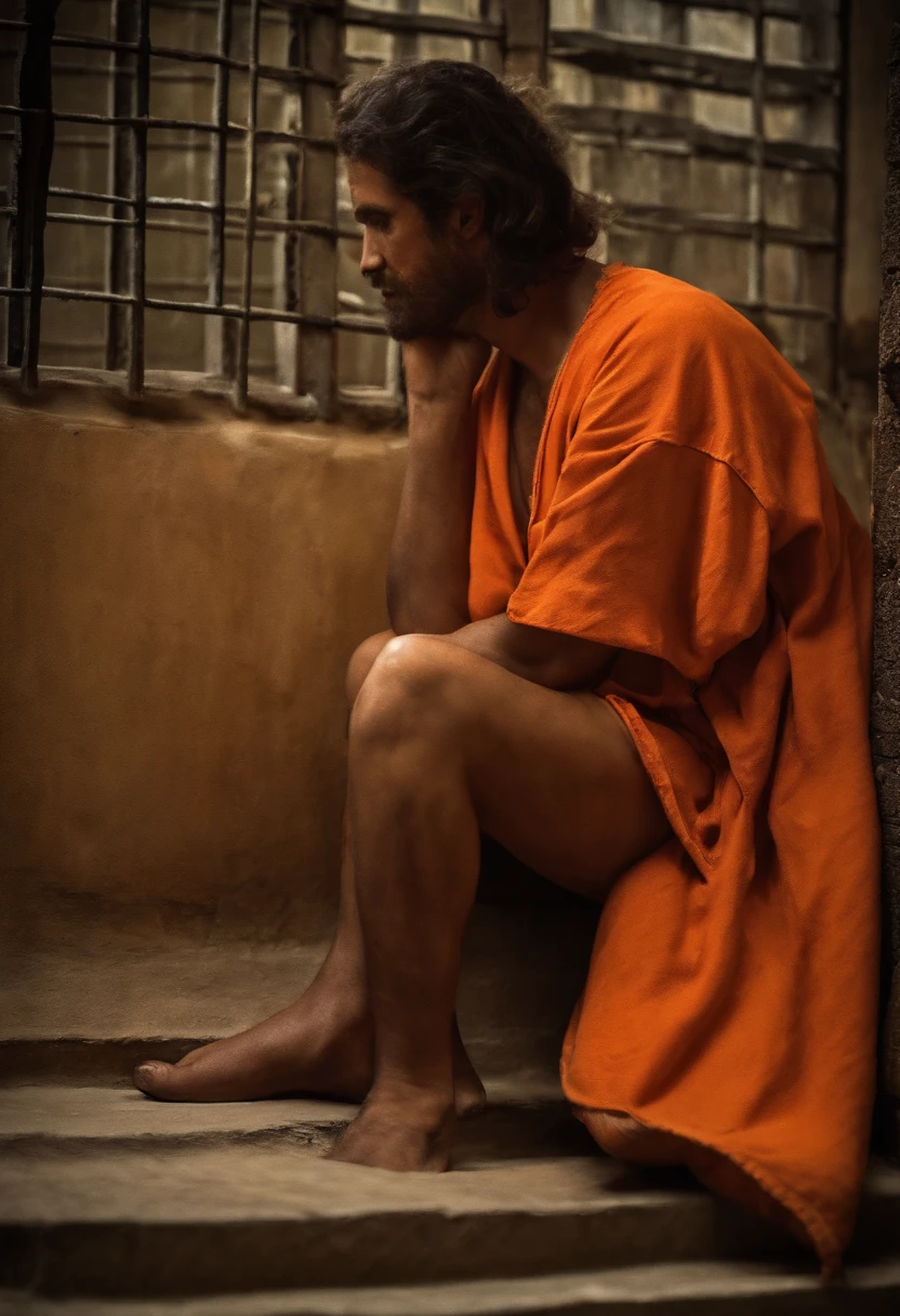 Image personne nu et menotté main et pied en cellule. Prisonnier derrière les barreaux de se cellule de prison. Prisonnier debout. Pas de lit dans ma cellule. Prisonnier vetu d'une vombinaison orange.