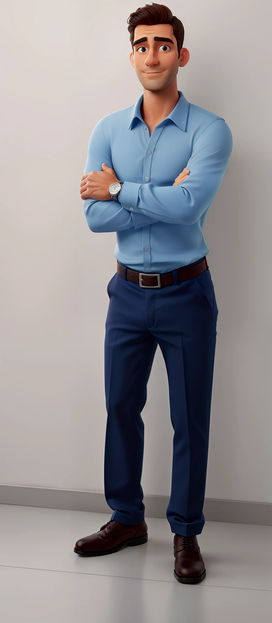 Man in blue shirt and blue pants standing with arms crossed,Appearance between 35 to 40 years,cabelos castanho e com barba um pouco grisalha,Foto de corpo inteiro , retrato de corpo inteiro, imagem de corpo inteiro, fotografia de corpo inteiro, foto de retrato de corpo inteiro, full body photgraph, Retrato de corpo inteiro posando, full body photogenic shot, retrato de corpo inteiro, Retrato de corpo inteiro, Altura total do corpo inteiro, standing elegant pose