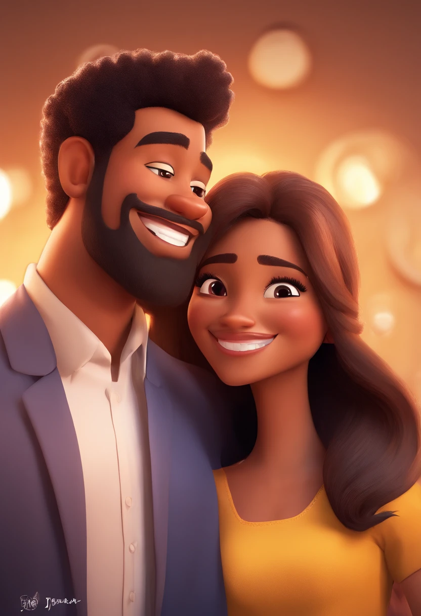 An illustration of an adorable couple, Highlight for a chubby black man with glasses smiling and a brunette woman with beautiful expressive eyes - the man's skin is black and the man's hair is curly while the woman's skin is white and the woman's hair is straight and brown. They are a bright room, cada um com um sorriso no rosto, e compartilhar um momento especial caracterizado pelo amor, Insights. Illustrate this scene from a perspective where they are facing the camera, Smiling and Showing Your Connection. Desenvolva esta arte em Full HD, Focus on your cinematic touch, Estilo Disney Pixar Animations
