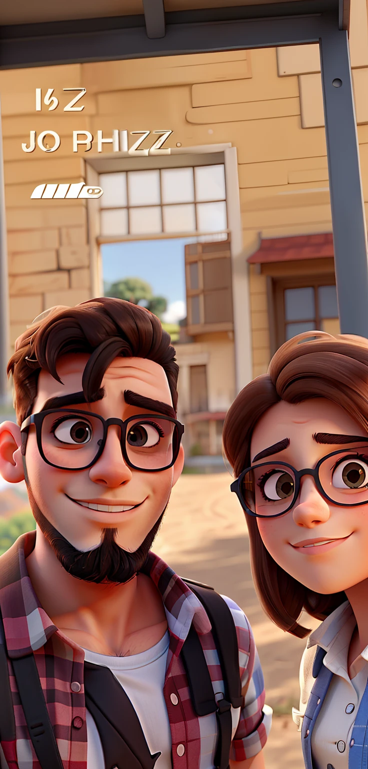 Young couple with sunglasses and passionate look. O jovem rapaz tem barba no rosto todo. The two of them are in a very beautiful background landscape