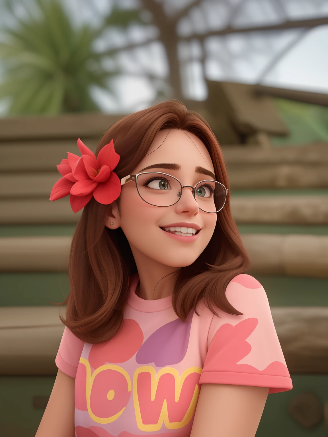 Uma mulher de 18 anos, com longos cabelos castanhos, Rosto redondo, sorriso encantador, e olhos castanhos, wearing glasses.
