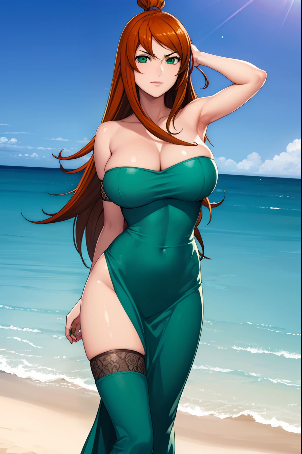 at the beach, smiling, meiterumi, mei terumi, long hair, brown hair, (green eyes:1.5), topknot, hair covering one eye,BREAK dress, bare shoulders, blue dress, sandals, fishnets, BREAK cowboy shot, looking at viewer, 1 girl, 20yo,Young female,Beautiful Finger,Beautiful long legs,Beautiful body,Beautiful Nose,Beautiful character design, perfect eyes, perfect face,expressive eyes,perfect balance, looking at viewer,(Focus on whole body), (innocent_big_eyes:1.0), official art,extremely detailed CG unity 8k wallpaper, perfect lighting,Colorful, Bright_Front_face_Lighting,shiny skin, (masterpiece:1.0),(best_quality:1.0), ultra high res,4K,ultra-detailed, photography, 8K, HDR, highres, absurdres:1.2, Kodak portra 400, film grain, bokeh:1.2, lens flare, (vibrant_color:1.2),professional photograph, (Beautiful,large_Breasts:1.4), (beautiful_face:1.5)