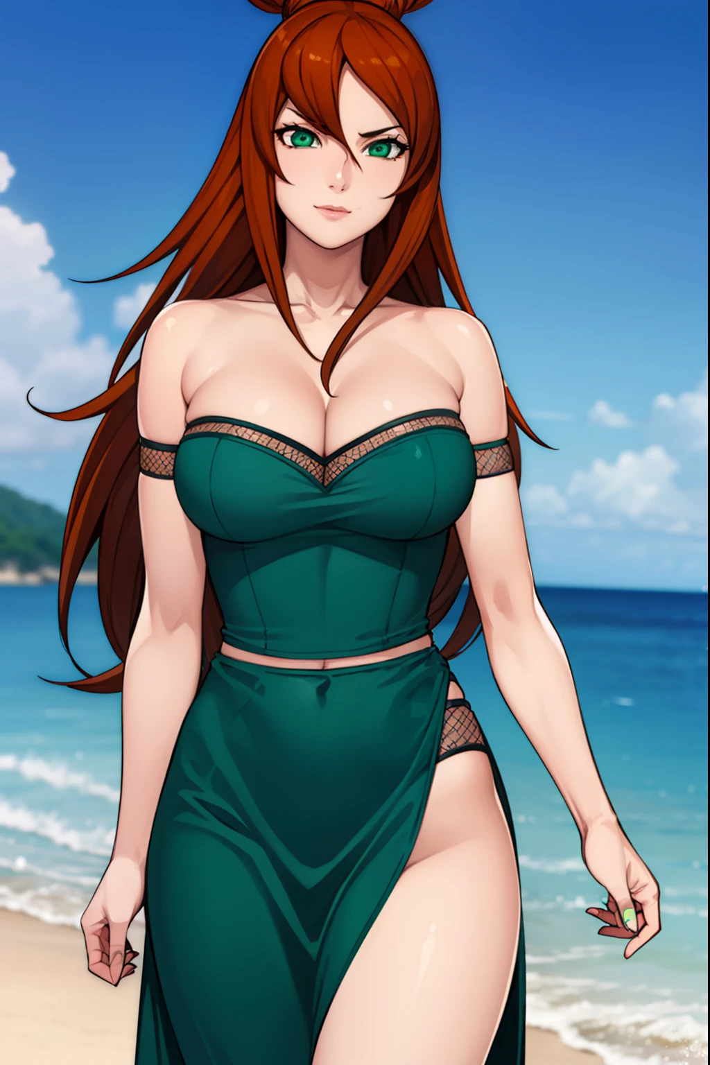 at the beach, smiling, meiterumi, mei terumi, long hair, brown hair, (green eyes:1.5), topknot, hair covering one eye,BREAK dress, bare shoulders, blue dress, sandals, fishnets, BREAK cowboy shot, looking at viewer, 1 girl, 20yo,Young female,Beautiful Finger,Beautiful long legs,Beautiful body,Beautiful Nose,Beautiful character design, perfect eyes, perfect face,expressive eyes,perfect balance, looking at viewer,(Focus on whole body), (innocent_big_eyes:1.0), official art,extremely detailed CG unity 8k wallpaper, perfect lighting,Colorful, Bright_Front_face_Lighting,shiny skin, (masterpiece:1.0),(best_quality:1.0), ultra high res,4K,ultra-detailed, photography, 8K, HDR, highres, absurdres:1.2, Kodak portra 400, film grain, bokeh:1.2, lens flare, (vibrant_color:1.2),professional photograph, (Beautiful,large_Breasts:1.4), (beautiful_face:1.5)