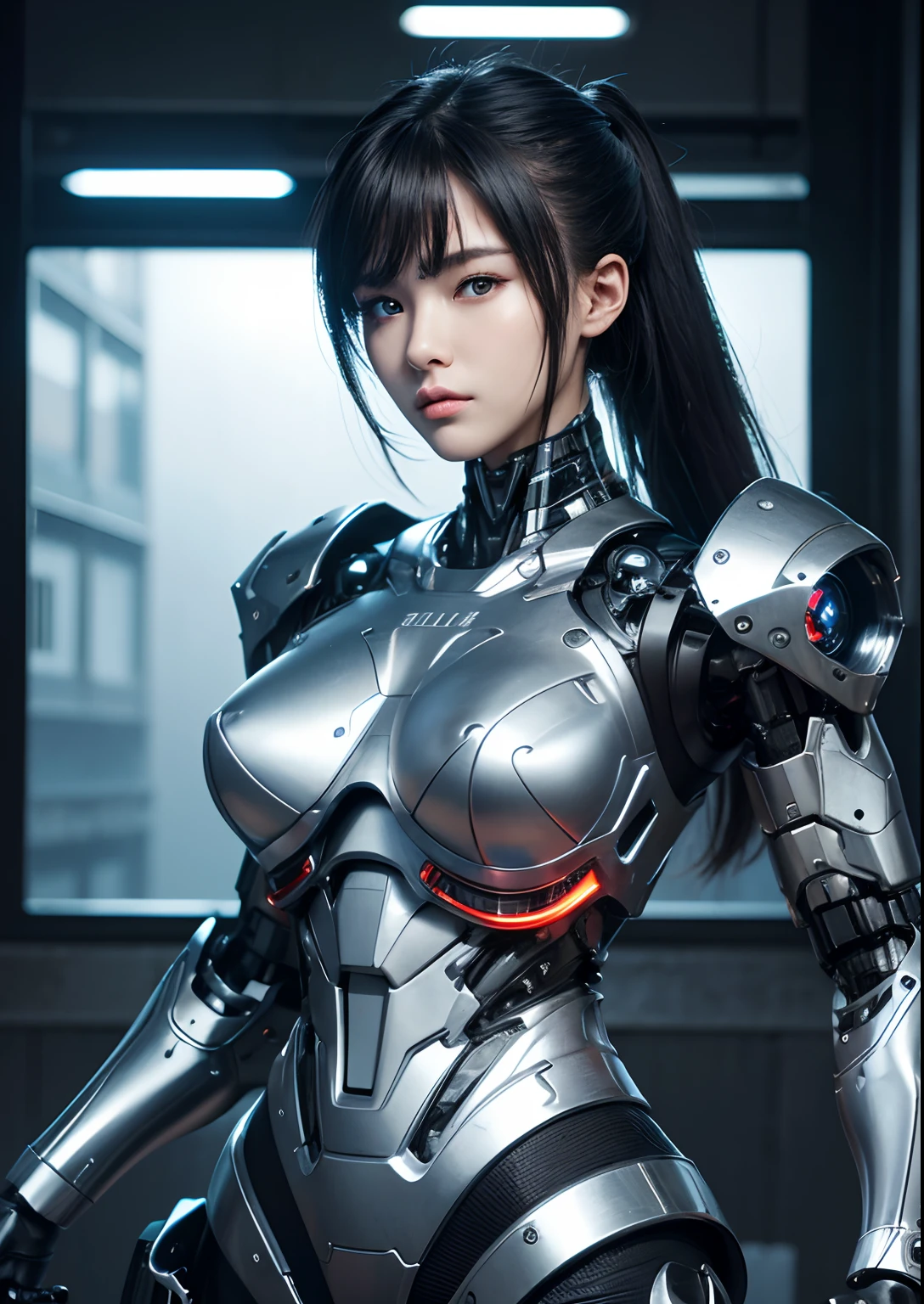 Textured skin, Super Detail, high details, High quality, Best Quality, hight resolution, 1080p, hard disk, Beautiful,(Terminator),beautiful cyborg woman,Mecha Cyborg Girl,Battle Mode,Girl with a Mecha Body,She wears a battle cyborg mech with a weapon,Fulll body Shot