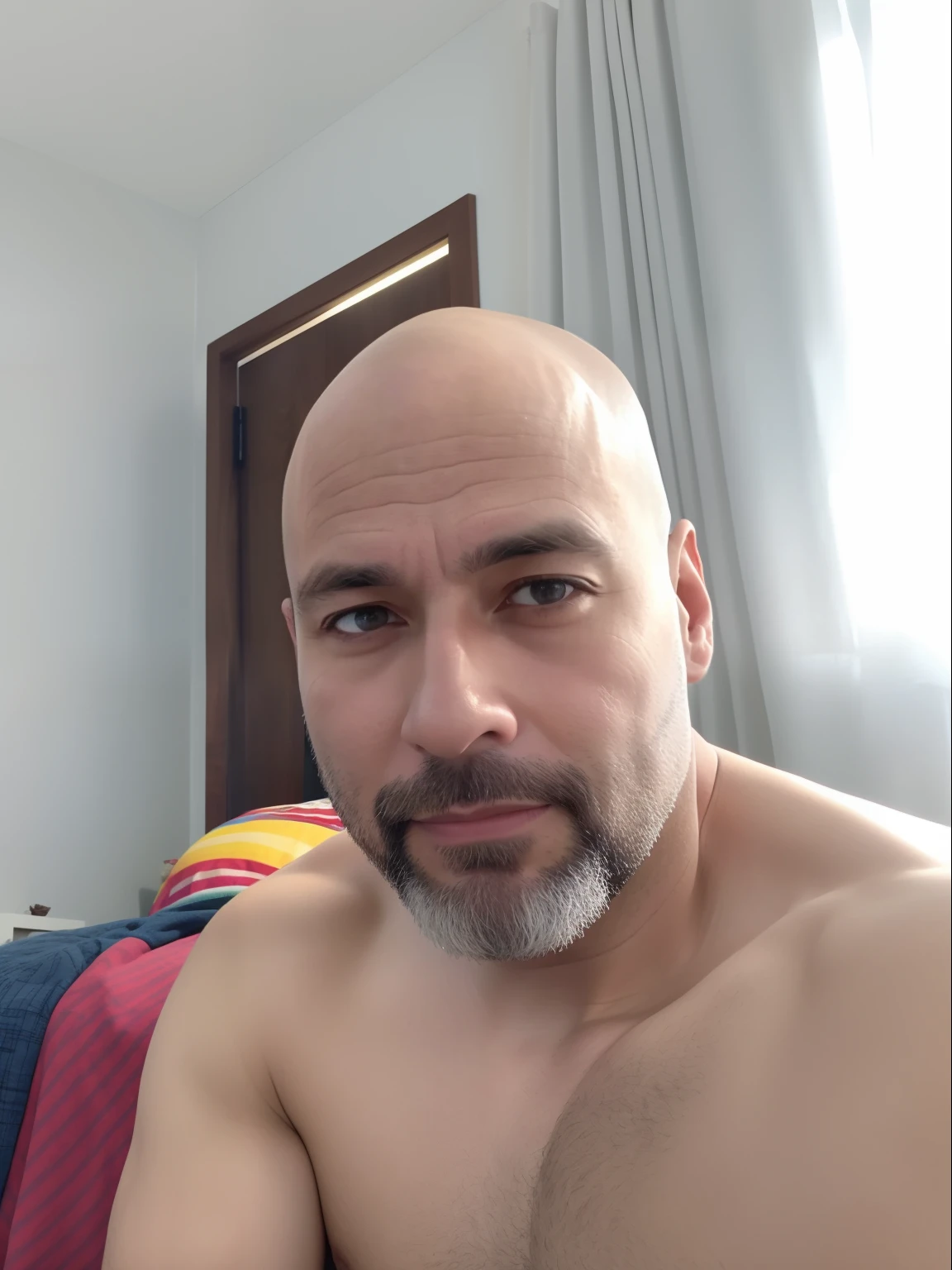 Man with bald head and beard sitting on a bed, Homem de 4 0 anos, Homens de 45 anos, (38 anos), Homem de 5 0 anos, 38 anos, sem cabelo, completamente careca;, careca com barba curta, 3 6 anos, restolho raspado, 3 2 - ano - homem de idade