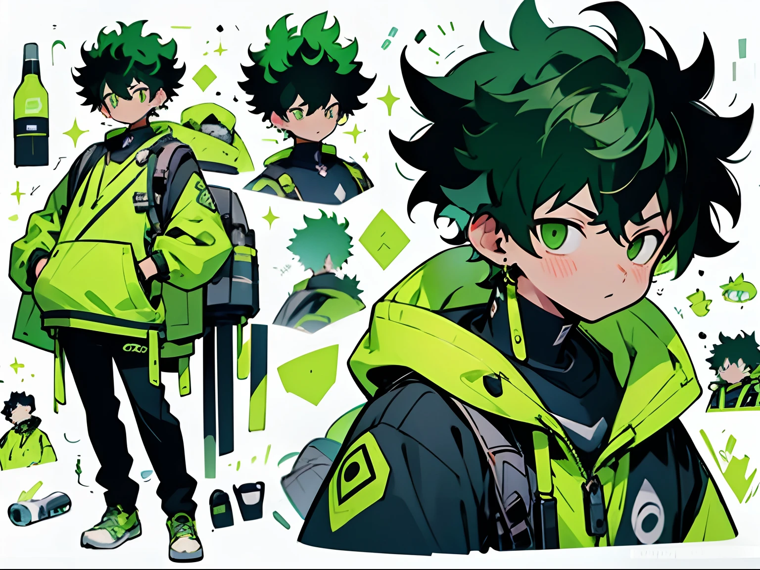 Izuku Midoriya Boku no Hero,standingn, moletom americano, Head earphone on neck,mochila escolar nas costas, smartphone in hand,rua,clima quente,cores vivida,