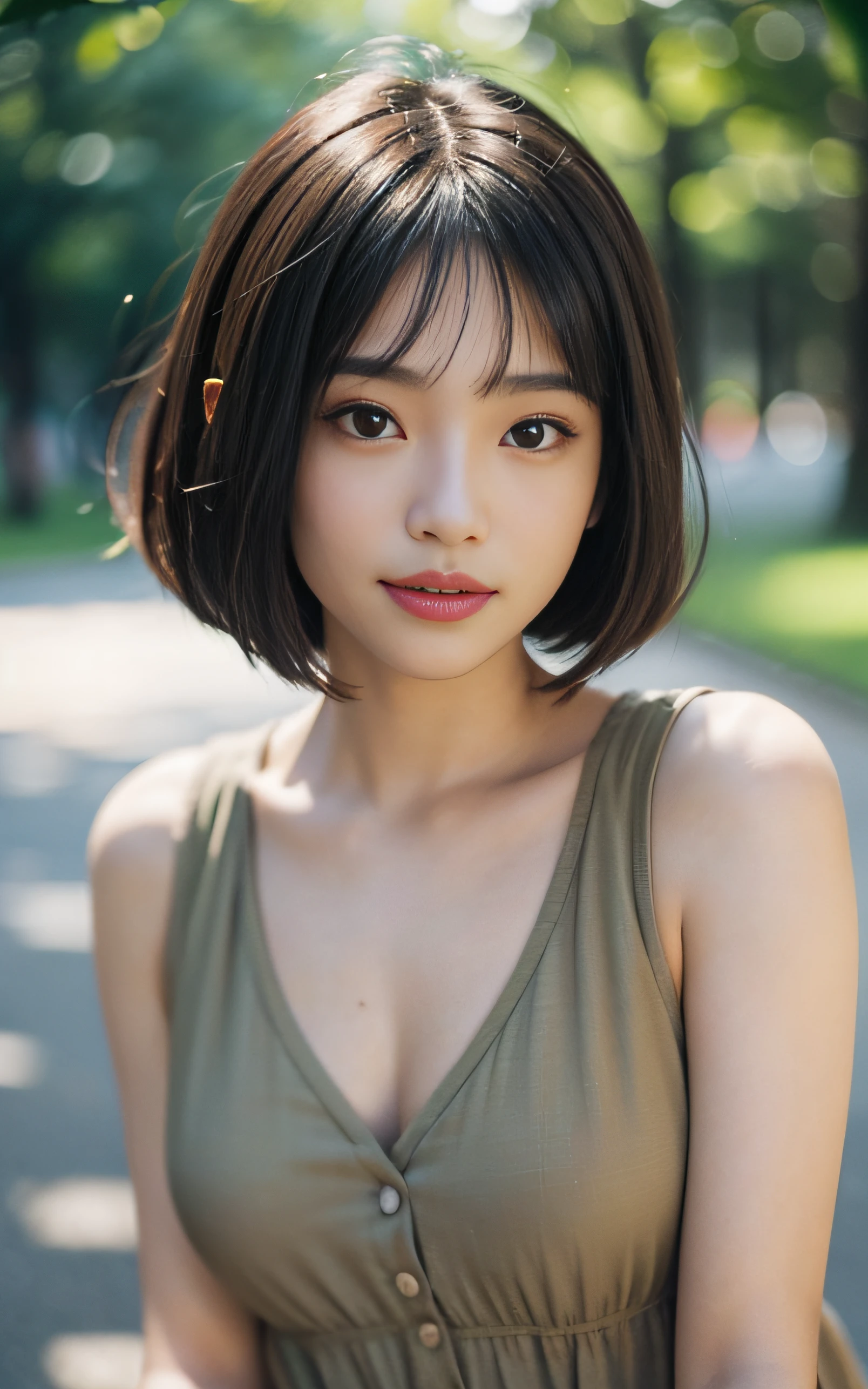 Film Portrait Photography, 1girl in, short hair, Tank top, Serene, Calm, Gentle, vulnerable, Naive, Innocent, (Realistic detailed eyes, Natural Skin Texture, Realistic face details), Soft dramatic lighting, depth of fields, Bokeh, vibrant detail, Finely detailed, hyper realisitic, full body, 35mm Film, Hazy blur