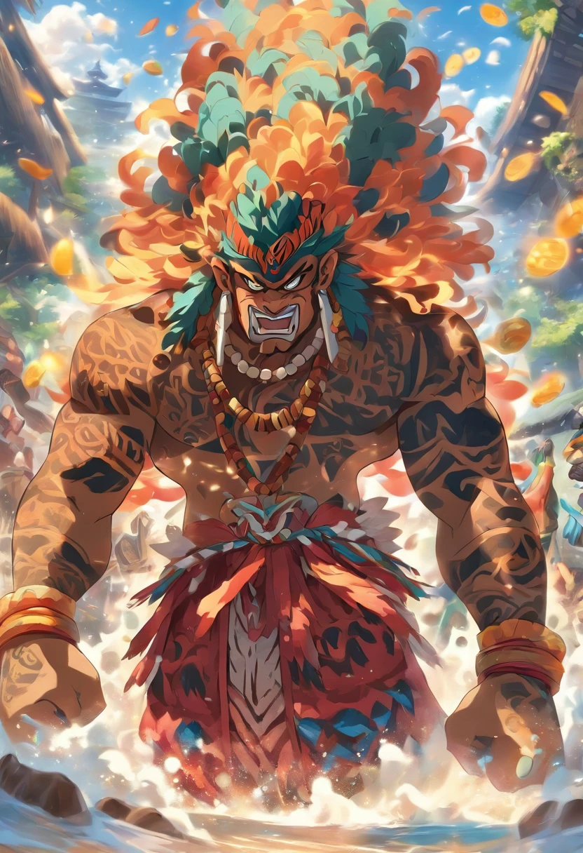 (((Homem com gancho)) melhor qualidade, ultra-high resolution, CG 4K detalhado, obra prima, Maui, jovem, Roupas Havaianas, hwai, Tatuagens maori, Mitologia Maori, ((Gancho Gigante)), Estilo de imagem maori, aesthetic, Centrado na tela, corpo inteiro