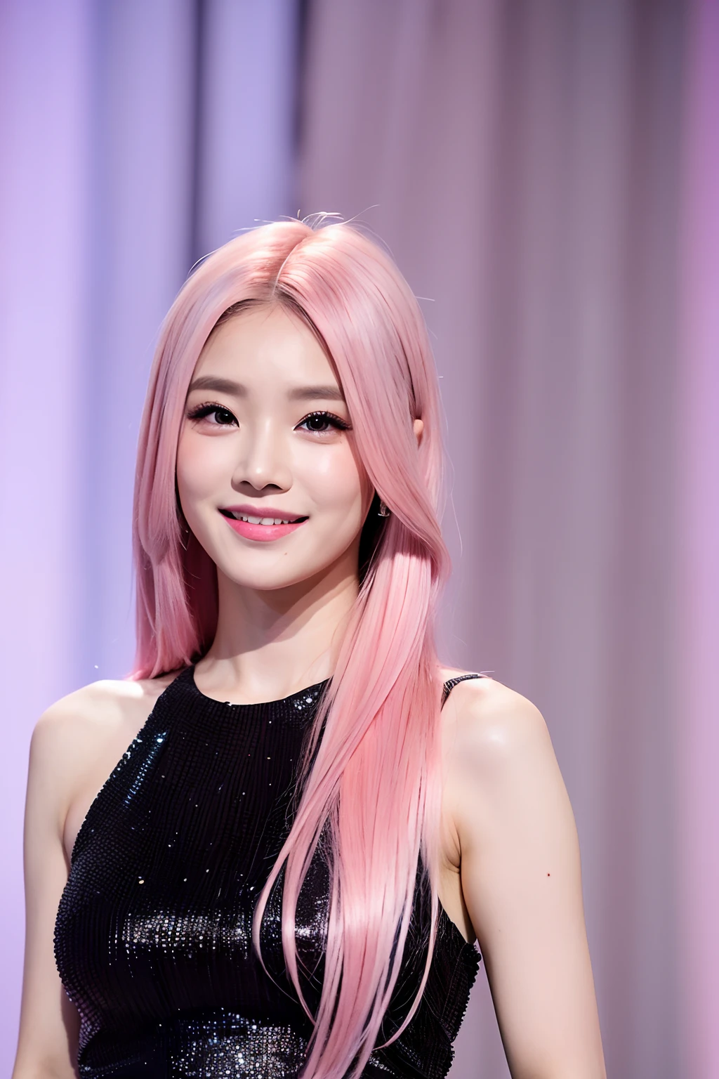(extra detailed body、extra detailed face、best qualtiy:1.2)、femele、looking at the viewers、((Pink ash hair color、Trendy flashy makeup、a smile、Model Posing、Michopa、Black dress with lots of drapes)、(Fashion show on background