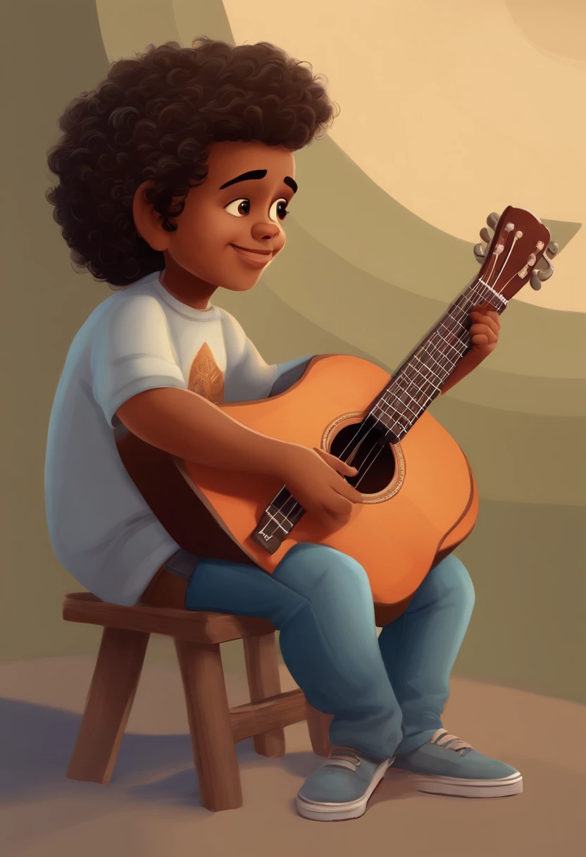crie um banner no estilo Pixar. A boy with Indian features, moreno pardo com cabelos curtos, Castanhos escuros, Curly and slightly grayish appearance, mas jovem, usando uma camiseta, Wearing jeans and holding a classical guitar with 7 strings.