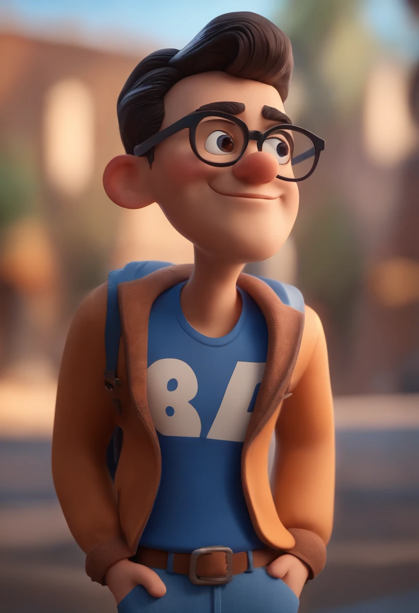 Cartoon character of a man wearing black glasses and a blue shirt, um personagem animado, Caractere estilizado, animation style rendering, 3D estilizado, Arnold Maya render, 3 d render stylized, toon render keyshot, Personagem 3D, Personagem 3D, 3d rendering stylized, 3 d character render, personagem de desenho animado, Personagem de close up, Pose de personagem, (Estilo Pixar) (master part:1.2) (Bokeh) (best quality) (pele detalhada) (textura detalhada) (8k) (argila) (Cinematic lighting) (foco nítido，Senta e vaza a parte superior do corpo