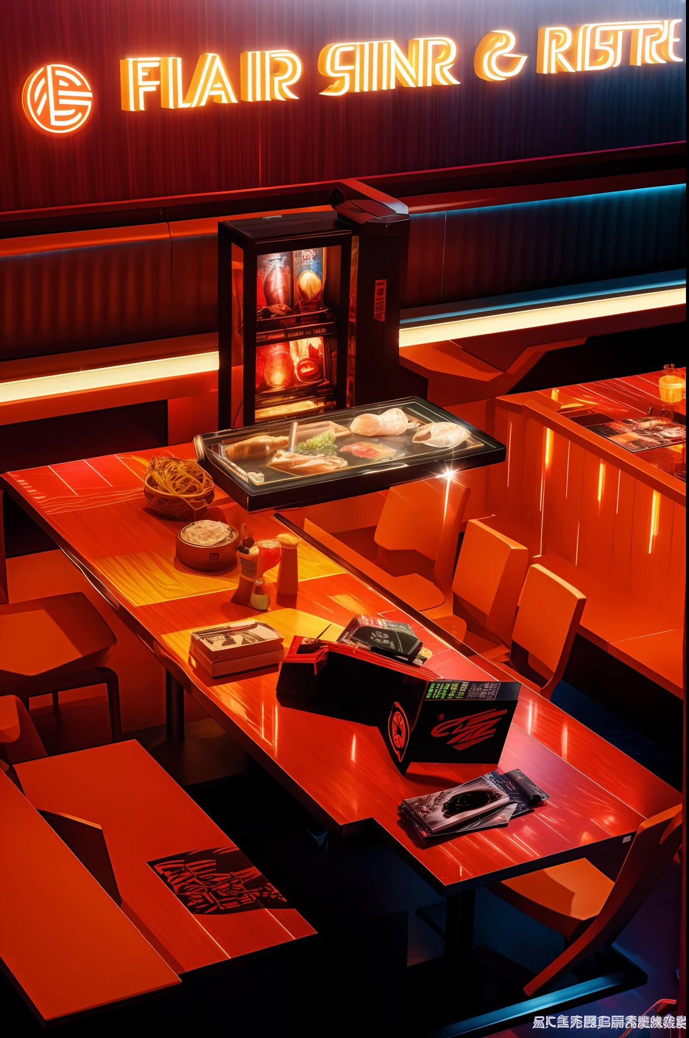 4K Ultra Clear，Hyper-realistic，The fan-driven dining room has plenty of tables and benches, Sauerkraut on the table,Fish and rice。restaurant interior photography, china town blade runner, Thiel sauerkraut fish shop, The night is futuristic， with neon lights，cyber punk perssonage， High-tech lighting installations and dazzling projection effects create a romantic and mysterious atmosphere。Wear it with the Marvel Universe comic book decoration。