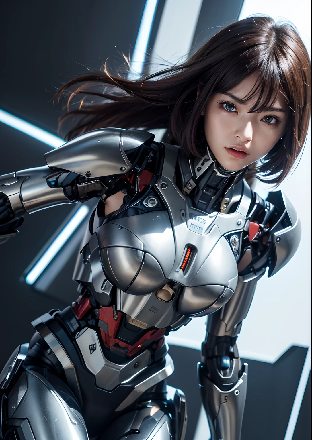Textured skin, Super Detail, high details, High quality, Best Quality, hight resolution, 1080p, hard disk, Beautiful,(Terminator),beautiful cyborg woman,Mecha Cyborg Girl,Battle Mode,Girl with a Mecha Body,She wears a battle cyborg mech with a weapon,Fulll body Shot