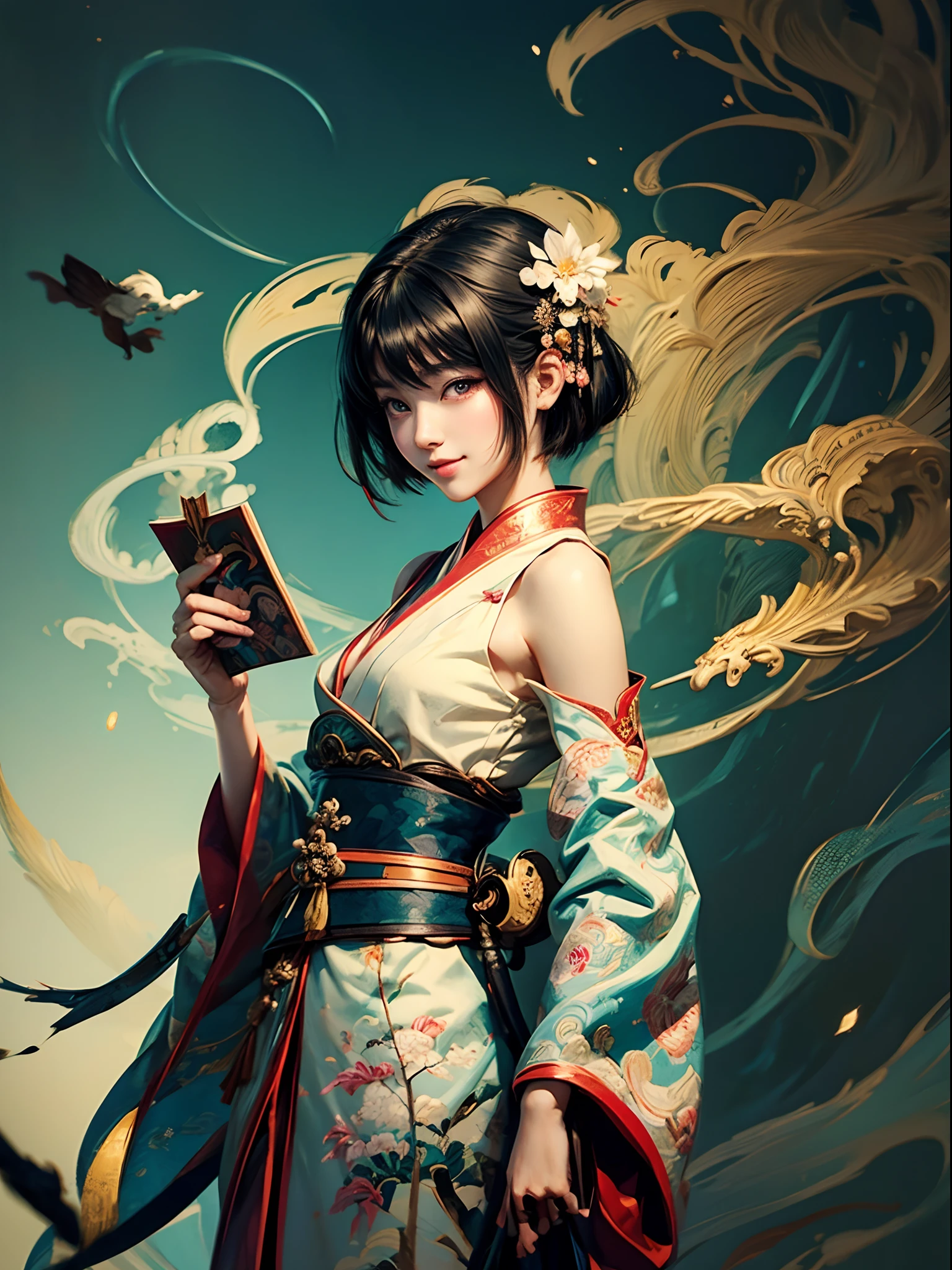 1 girl, with short hair shoulder length, smiling at camera while Holding a book, Japanese art style, Guviz-style artwork, Beautiful character painting, A beautiful artwork illustration, Chinese painting style, Beautiful digital illustration, by Yang J, stunning art style, G Liulian art style, digital painting style, Beautiful digital artwork, By Li Song