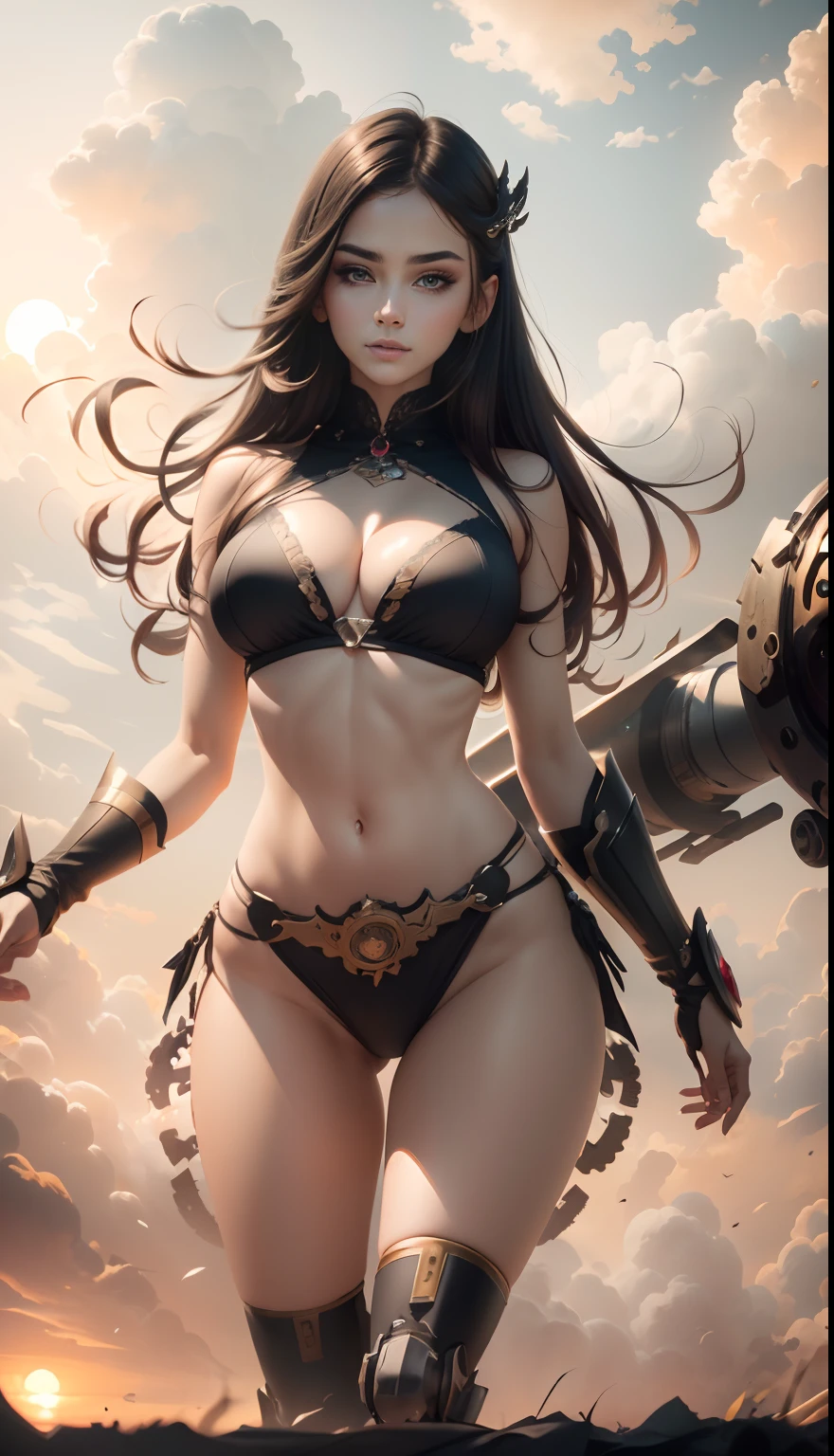 realistic visual effects,attractive beautiful,dramatic contrast,Gentle lighting,Delicate warmth,the soft light,hyper HD,Extremely colorful,best qualityer,perfect female shape,HighDynamicRange,long eyelasher,Unbeatable masterpiece,paleskin,putting makeup on,Sexy goddess,Large mechanical gears,Strange sky,The setting sun burns the clouds,8K high quality,Sexy goddess,A pair of big eyes are beautiful and moving,White skin,Makeup,Sexy outfit,【Background with】Large gears,Large gears,Doomsday ruins,Giant tornado,Strange sky,The setting sun burns the clouds,Multiple planets,The end of the world,Multiple planets,Mards,Jupiter,Mercury,Strange sky,Giant tornado。