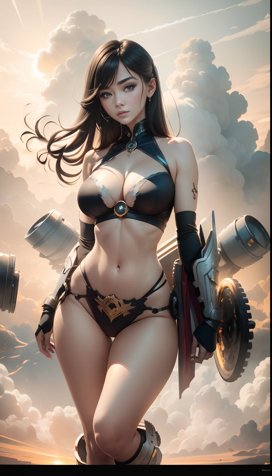realistic visual effects,attractive beautiful,dramatic contrast,Gentle lighting,Delicate warmth,the soft light,hyper HD,Extremely colorful,best qualityer,perfect female shape,HighDynamicRange,long eyelasher,Unbeatable masterpiece,paleskin,putting makeup on,Sexy goddess,Large mechanical gears,Strange sky,The setting sun burns the clouds,8K high quality,Sexy goddess,A pair of big eyes are beautiful and moving,White skin,Makeup,Sexy outfit,【Background with】Large gears,Large gears,Doomsday ruins,Giant tornado,Strange sky,The setting sun burns the clouds,Multiple planets,The end of the world,Multiple planets,Mards,Jupiter,Mercury,Strange sky,Giant tornado。