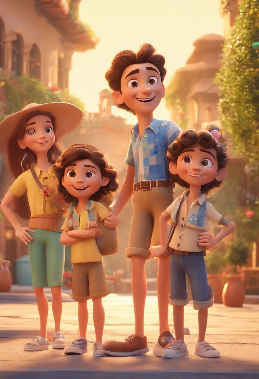 Cartoon of friends having fun on vacation together, 3D Animation Movie Poster, Poster de filme animado, pixar 3 d animation style, pixar renderman rendering, maia 8 mil, animated film, Disney Pixar Estilo 3D, amigos felizes saem juntos, all wearing light blue shirts and cream brown long pants, camisa azul clara, cream brown pants, ao ar livre, vacation, Disney Pixar Animation Poster
